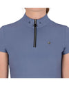 Blue short-sleeve top with a zipper detail on a white background equestrian fashion outfitters