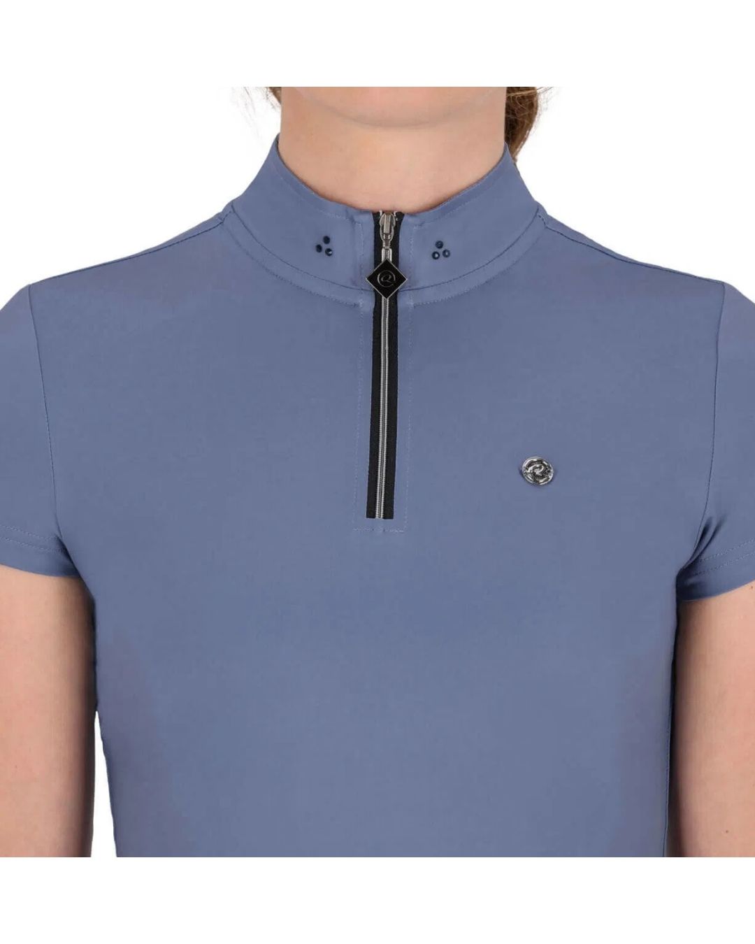 Blue short-sleeve top with a zipper detail on a white background equestrian fashion outfitters