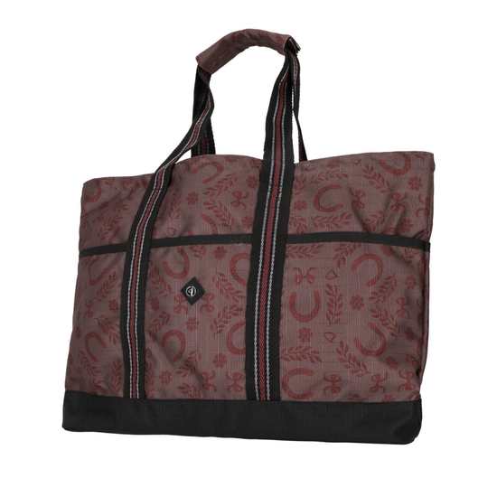 A rectangular tote bag with a dusty rose and dark red paisley & horseshoe pattern, featuring black trim, dual top handles, and a black bottom base, shown against a plain white background.equestrian fashion outfitters