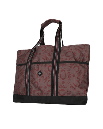 A rectangular tote bag with a dusty rose and dark red paisley & horseshoe pattern, featuring black trim, dual top handles, and a black bottom base, shown against a plain white background.equestrian fashion outfitters