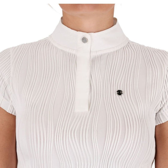 White QHP show shirt with short sleeves and a collar on a white background equestrian fashion outfitters