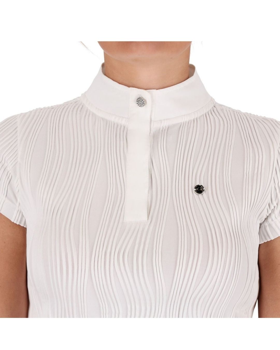 White QHP show shirt with short sleeves and a collar on a white background equestrian fashion outfitters