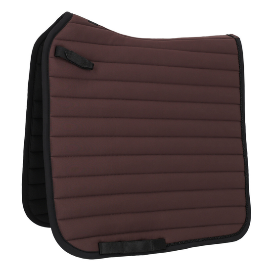 A dark brown quilted saddle pad with black trim and straps, shown on a plain white background. equestrian fashion outfitters