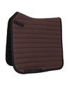 A dark brown quilted saddle pad with black trim and straps, shown on a plain white background. equestrian fashion outfitters