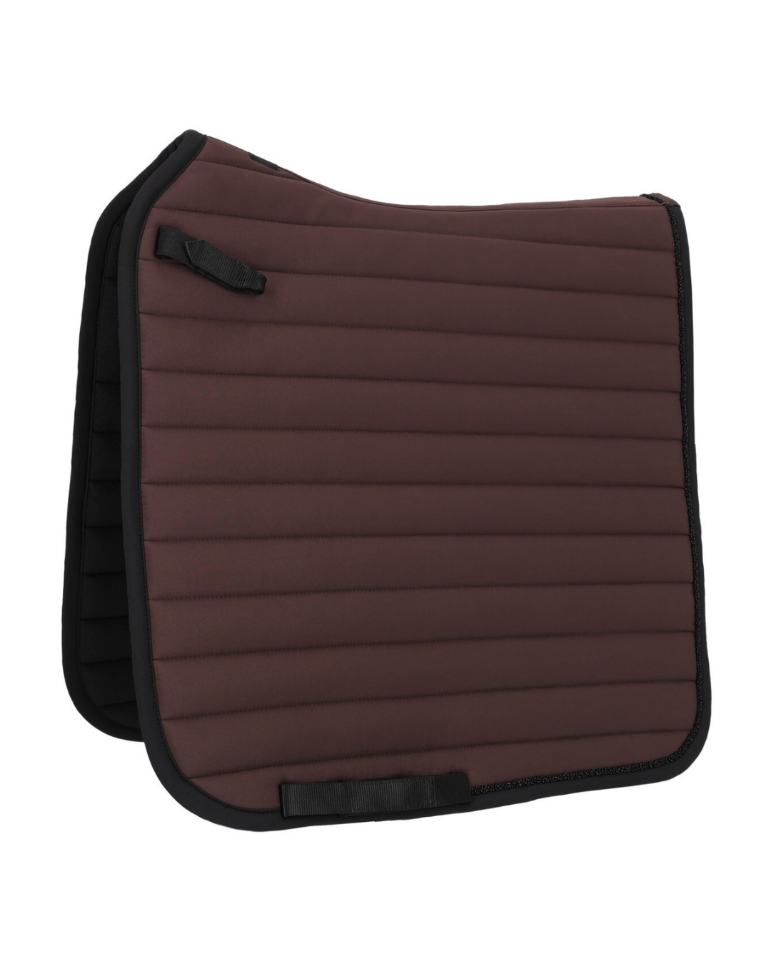 A dark brown quilted saddle pad with black trim and straps, shown on a plain white background. equestrian fashion outfitters