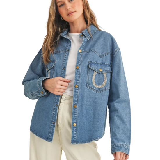 Rhinestone Horseshoe Denim Top  Cloud Ten - Equestrian Fashion Outfitters