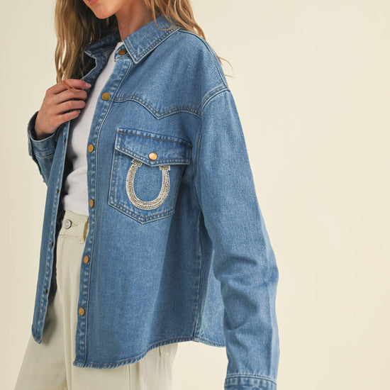 Rhinestone Horseshoe Denim Top  Cloud Ten - Equestrian Fashion Outfitters