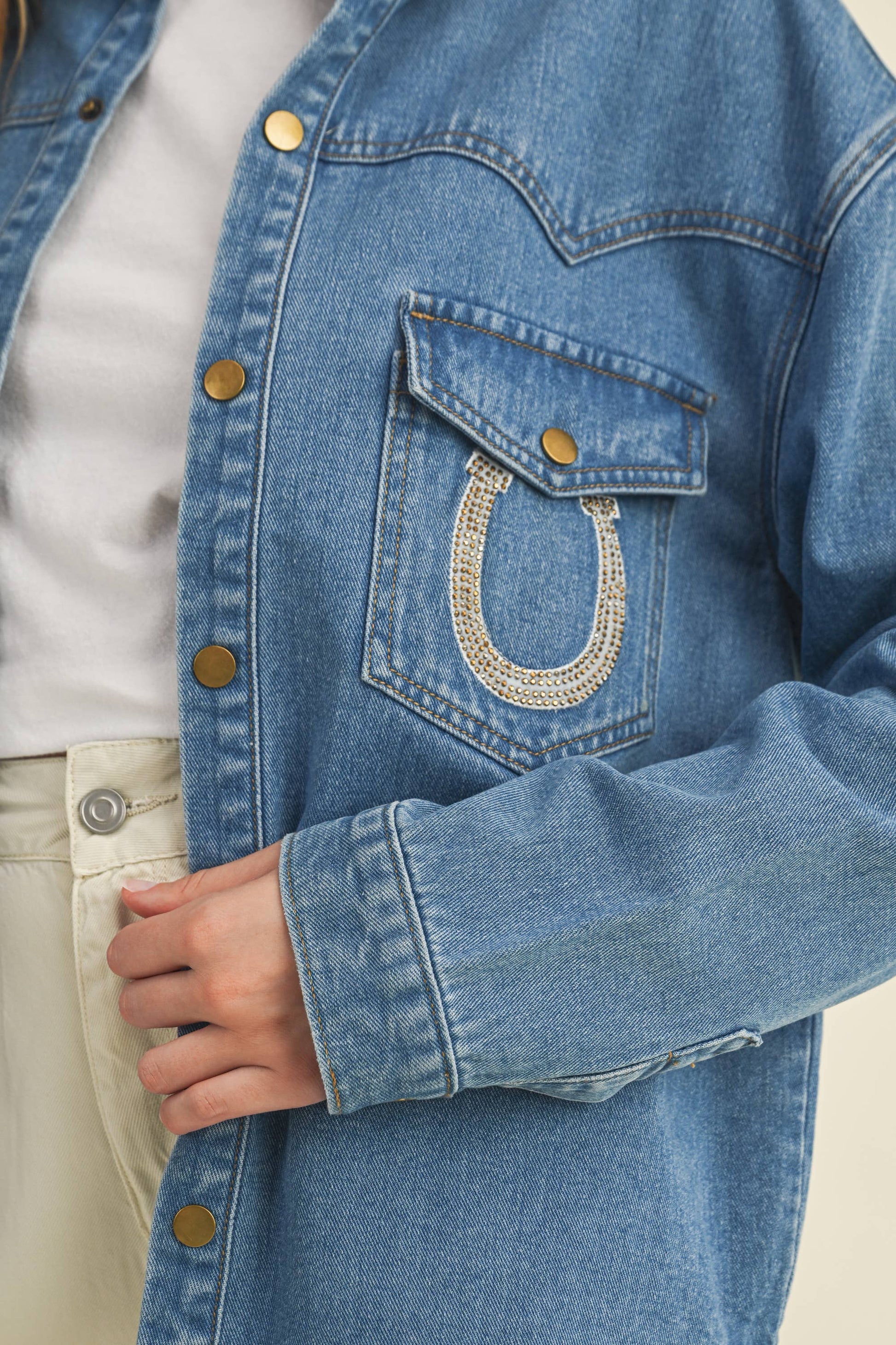 Rhinestone Horseshoe Denim Top  Cloud Ten - Equestrian Fashion Outfitters