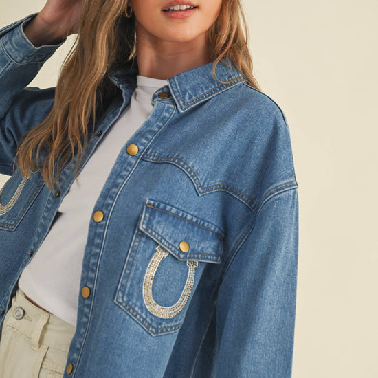 Rhinestone Horseshoe Denim Top  Cloud Ten - Equestrian Fashion Outfitters