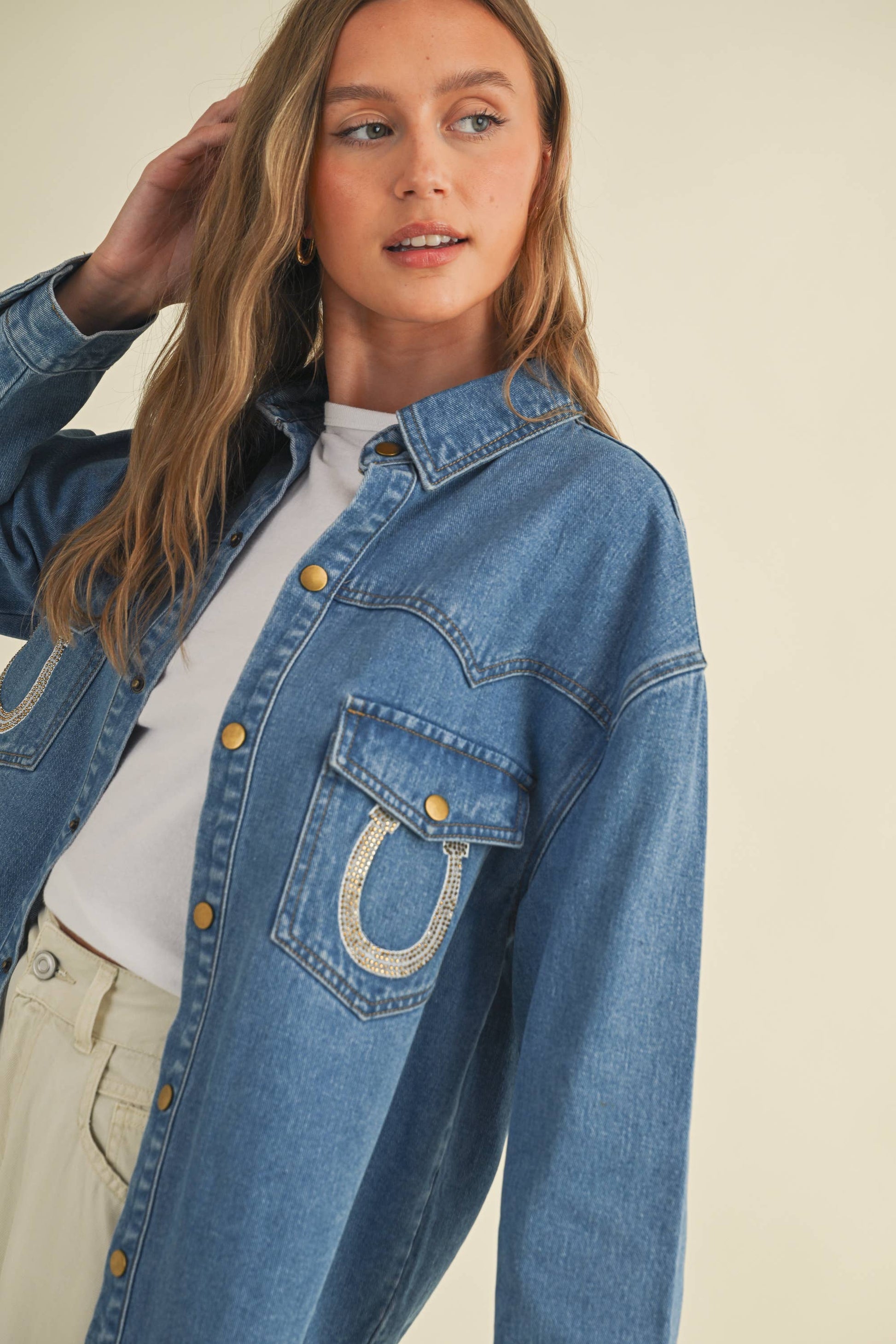 Rhinestone Horseshoe Denim Top  Cloud Ten - Equestrian Fashion Outfitters
