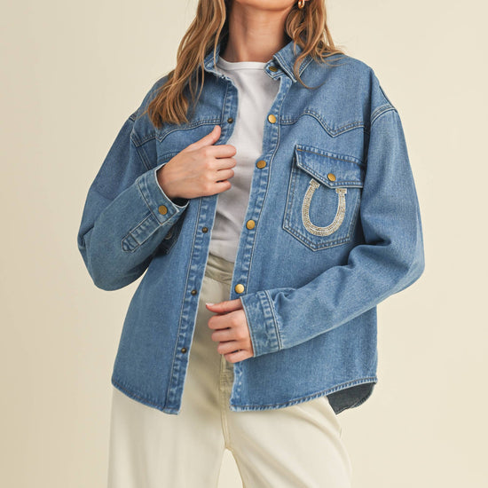 Rhinestone Horseshoe Denim Top  Cloud Ten - Equestrian Fashion Outfitters