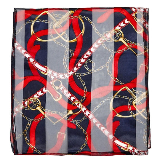 Silk scarf with red, blue, and gold chain pattern on a white background equestrian fashion outfitters