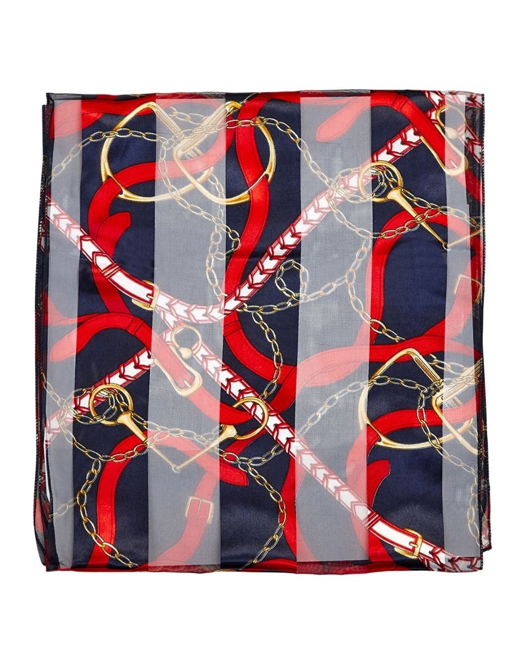 Silk scarf with red, blue, and gold chain pattern on a white background equestrian fashion outfitters