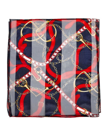 Silk scarf with red, blue, and gold chain pattern on a white background equestrian fashion outfitters
