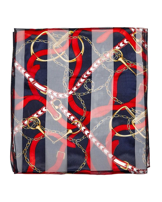 Silk scarf with red, blue, and gold chain pattern on a white background equestrian fashion outfitters