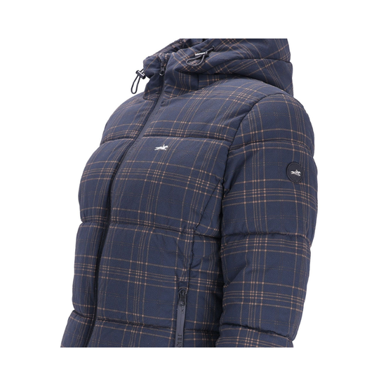 A navy blue hooded puffer jacket with a tan and white plaid pattern, shown from a side profile view against a plain white background equestrian fashion outfitters