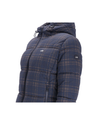 A navy blue hooded puffer jacket with a tan and white plaid pattern, shown from a side profile view against a plain white background equestrian fashion outfitters