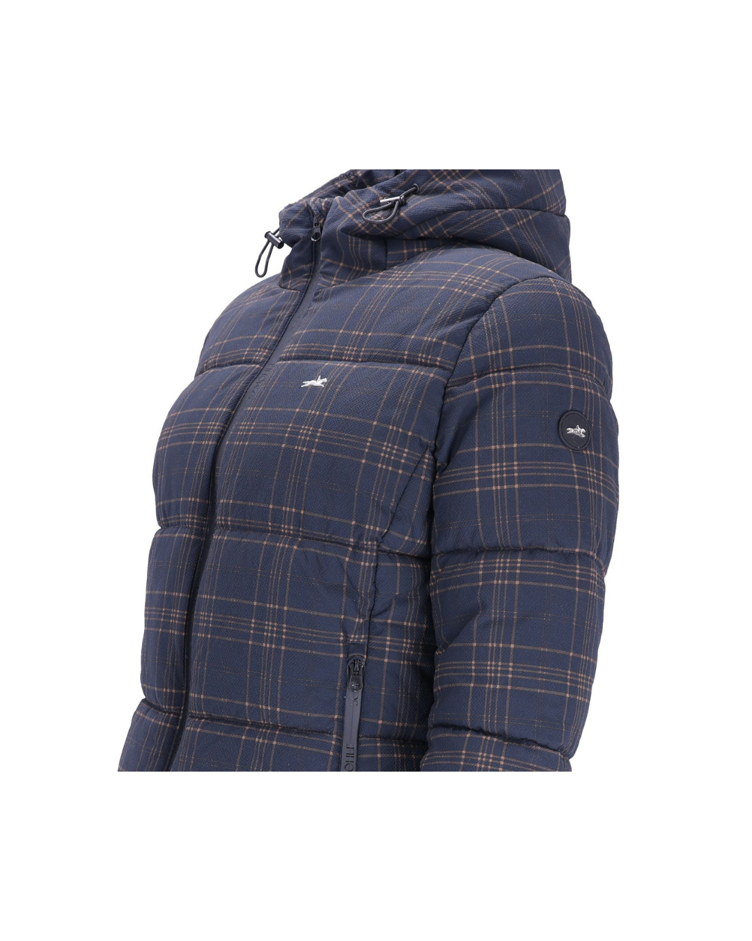 A navy blue hooded puffer jacket with a tan and white plaid pattern, shown from a side profile view against a plain white background equestrian fashion outfitters