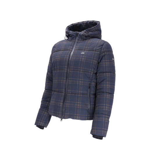 A navy blue hooded puffer jacket with a brown and beige plaid pattern, shown on a plain white background equestrian fashion outfitters