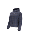 A navy blue hooded puffer jacket with a brown and beige plaid pattern, shown on a plain white background equestrian fashion outfitters