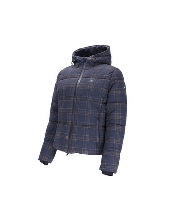 A navy blue hooded puffer jacket with a brown and beige plaid pattern, shown on a plain white background equestrian fashion outfitters