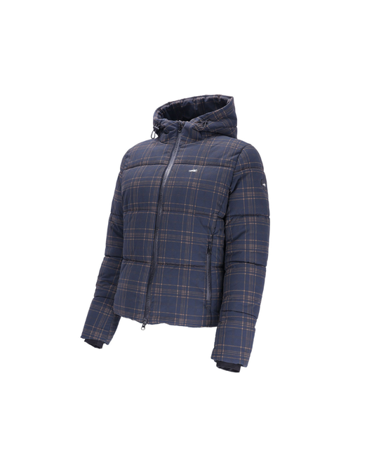 A navy blue hooded puffer jacket with a brown and beige plaid pattern, shown on a plain white background equestrian fashion outfitters