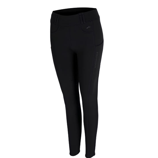Black riding breeches with a high waist, side pockets, and a subtle vertical logo on the left leg, shown on a white background. equestrian fashion outfitters