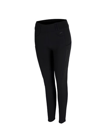 Black riding breeches with a high waist, side pockets, and a subtle vertical logo on the left leg, shown on a white background. equestrian fashion outfitters