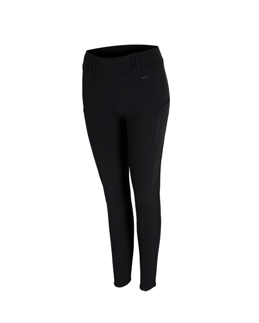 Black riding breeches with a high waist, side pockets, and a subtle vertical logo on the left leg, shown on a white background. equestrian fashion outfitters