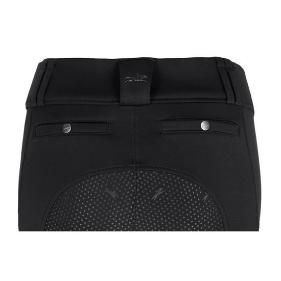 Black equestrian breeching with a silicone seat, silver snap buttons, and a small metallic logo on the waistband, shown against a plain white background. equestrian fashion outfitters