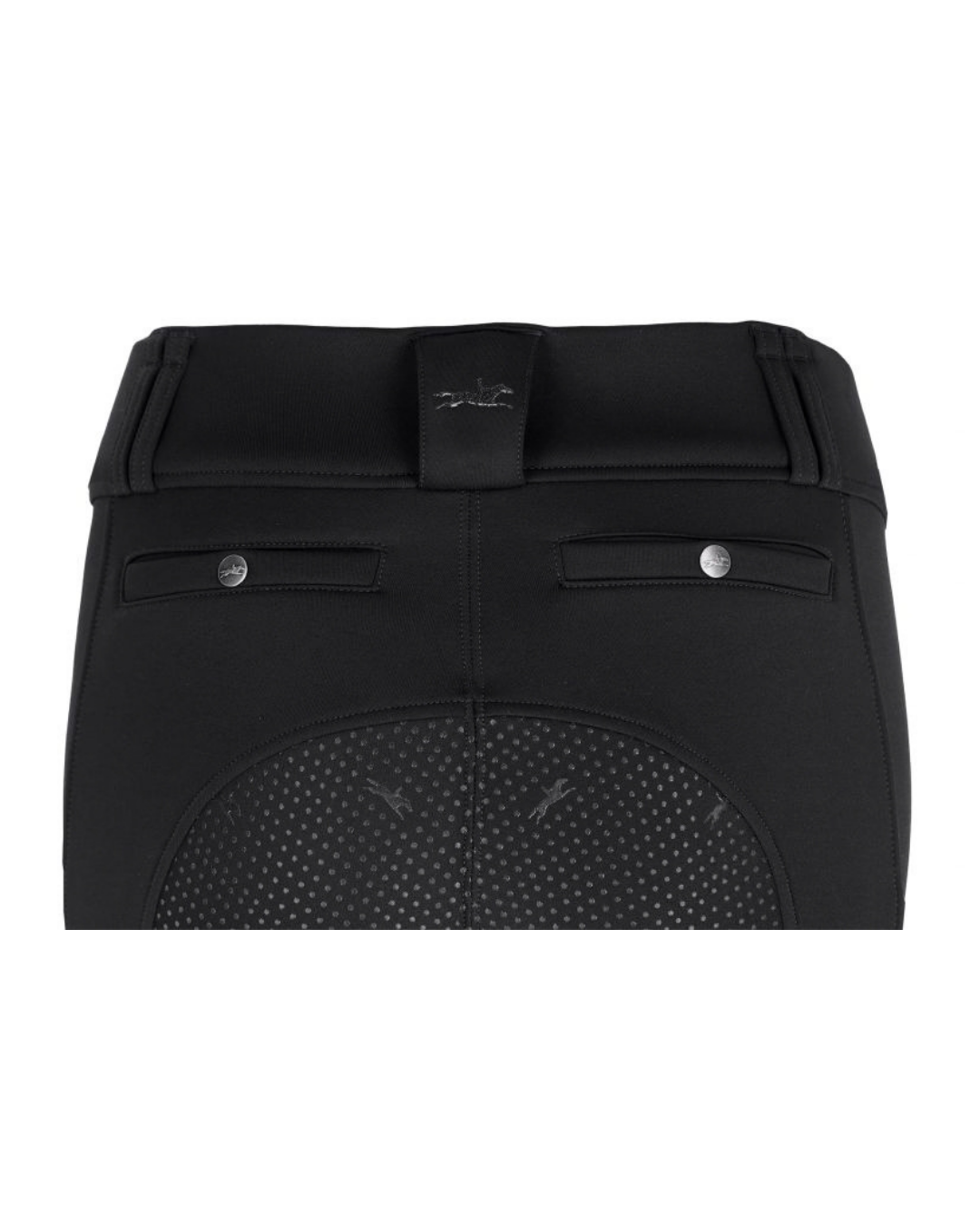 Black equestrian breeching with a silicone seat, silver snap buttons, and a small metallic logo on the waistband, shown against a plain white background. equestrian fashion outfitters
