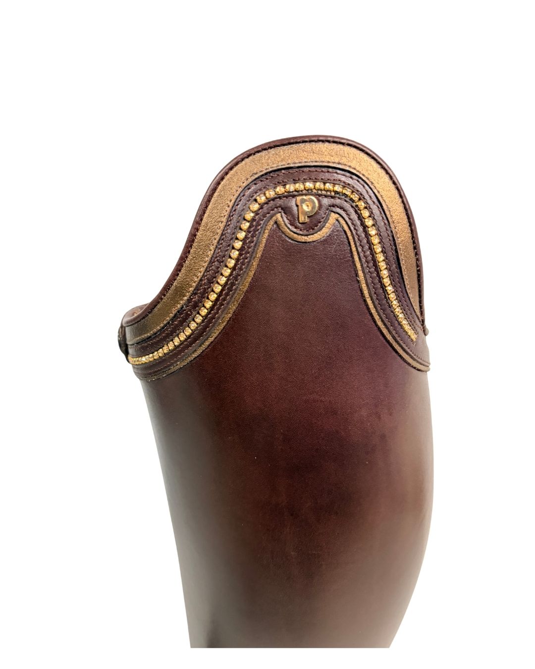 Brown leather boot with gold trim on a white background Petrie equestrian fashion outfitters