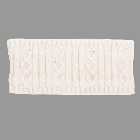 An off-white cable-knit headband with small pearl embellishments, shown flat against a solid cream background equestrian fashion outfitters