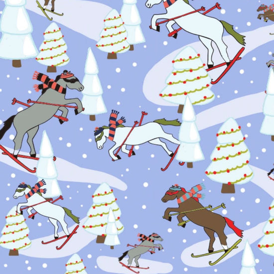Pattern of horses skiing through Christmas trees on a blue background