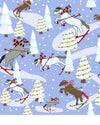 Pattern of horses skiing through Christmas trees on a blue background