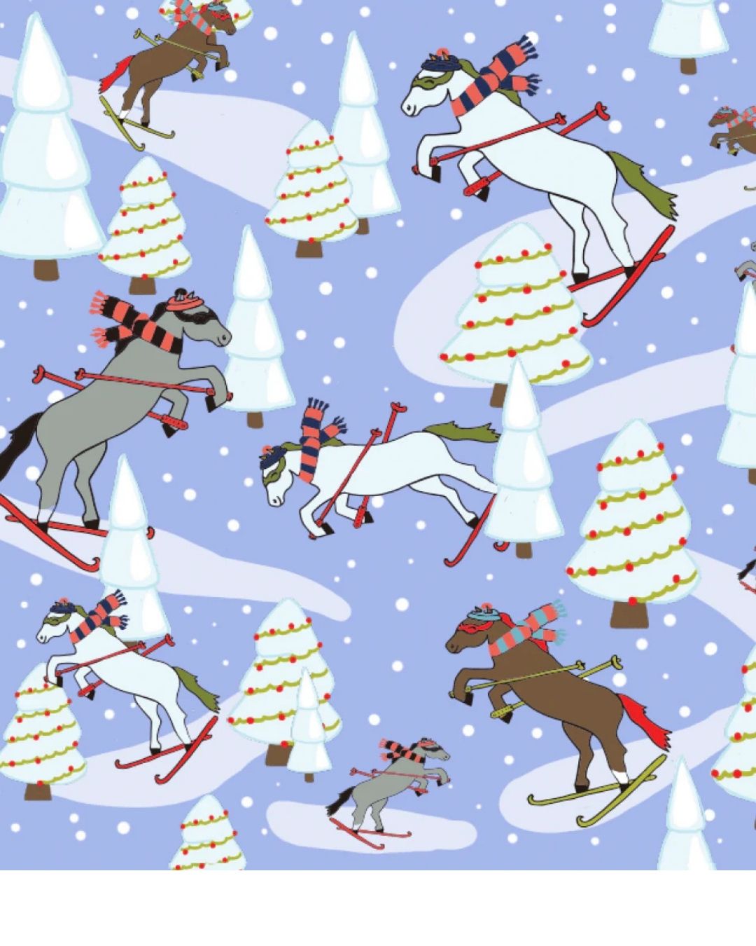 Pattern of horses skiing through Christmas trees on a blue background