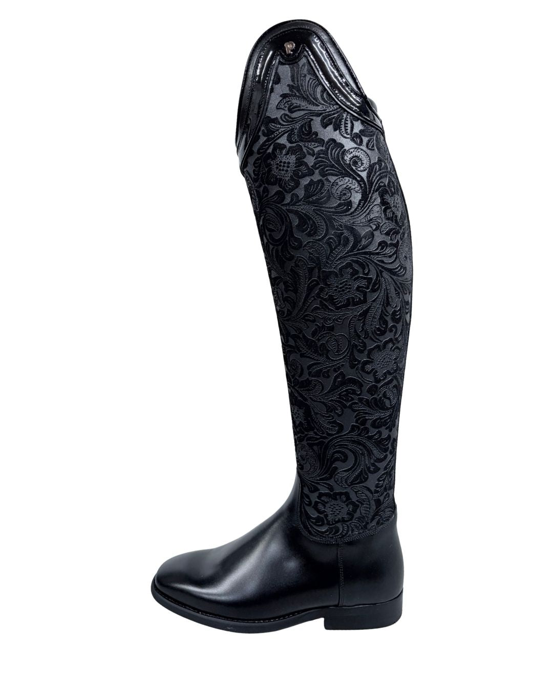Black riding boot with intricate floral pattern on a white background petrie equestrian fashion outfitters