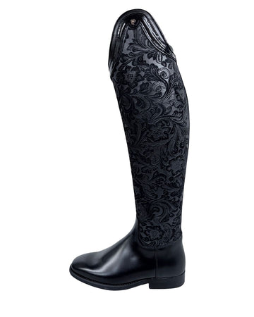 Black riding boot with intricate floral pattern on a white background petrie equestrian fashion outfitters