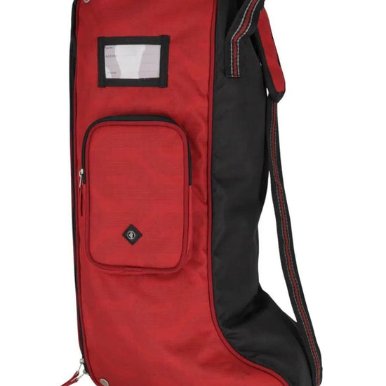 Red and black Boot  bag with a pocket and strap on a white background Equestrian fashion outfitters