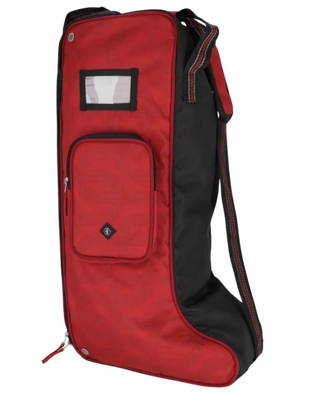 Red and black Boot  bag with a pocket and strap on a white background Equestrian fashion outfitters