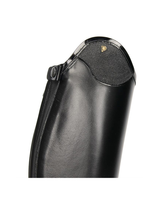 Close-up of a black leather boot shaft with a side zipper and a small gold crest  P for Petrie near the top, shown on a plain white background. equestrian fashion outfitters