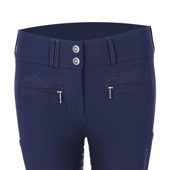 Navy blue riding pants with embroidery on a white background schockemohle equestrian fashion outfitters
