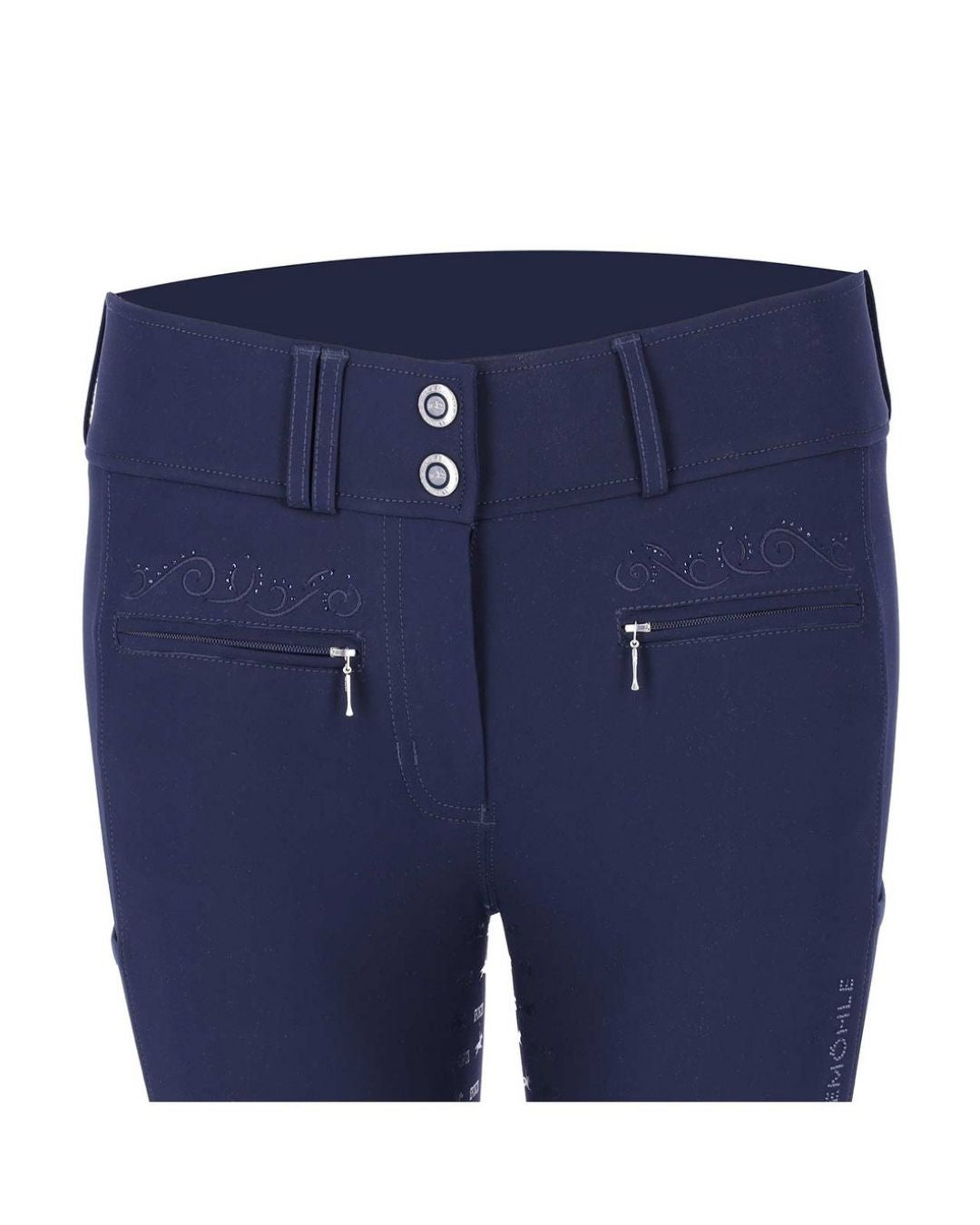 Navy blue riding pants with embroidery on a white background schockemohle equestrian fashion outfitters