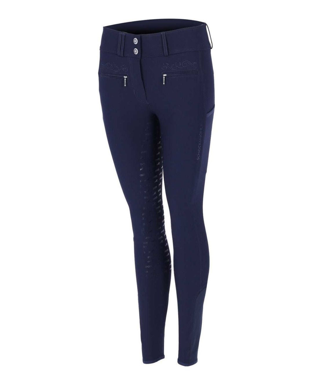 Navy blue riding pants with a white background schockemohle equestrian fashion outfitters