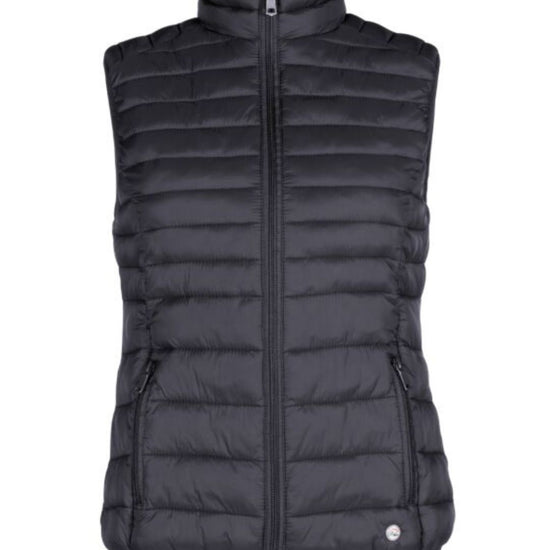 Black puffer vest on a white background
