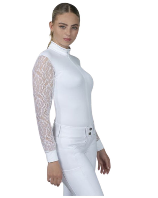 Woman wearing a white equestrian shirt with lace sleeves on a white background White long-sleeve top with lace sleeves on a white background equestrian fashion outfitters