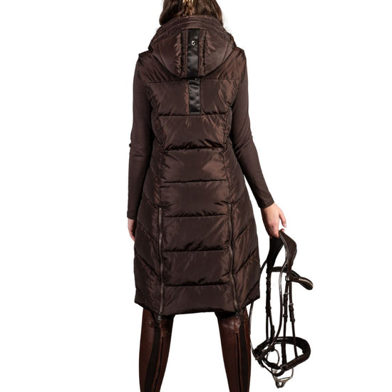 the back of a woman wearing a HKM Lauria Garrelli Arezzo Long Vest in brown on white background