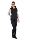 Woman wearing a Black HKM Canada Heated Vest and a light gray long-sleeve shirt on a white background