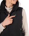 close up of Woman wearing a Black HKM Canada Heated Vest on a white background