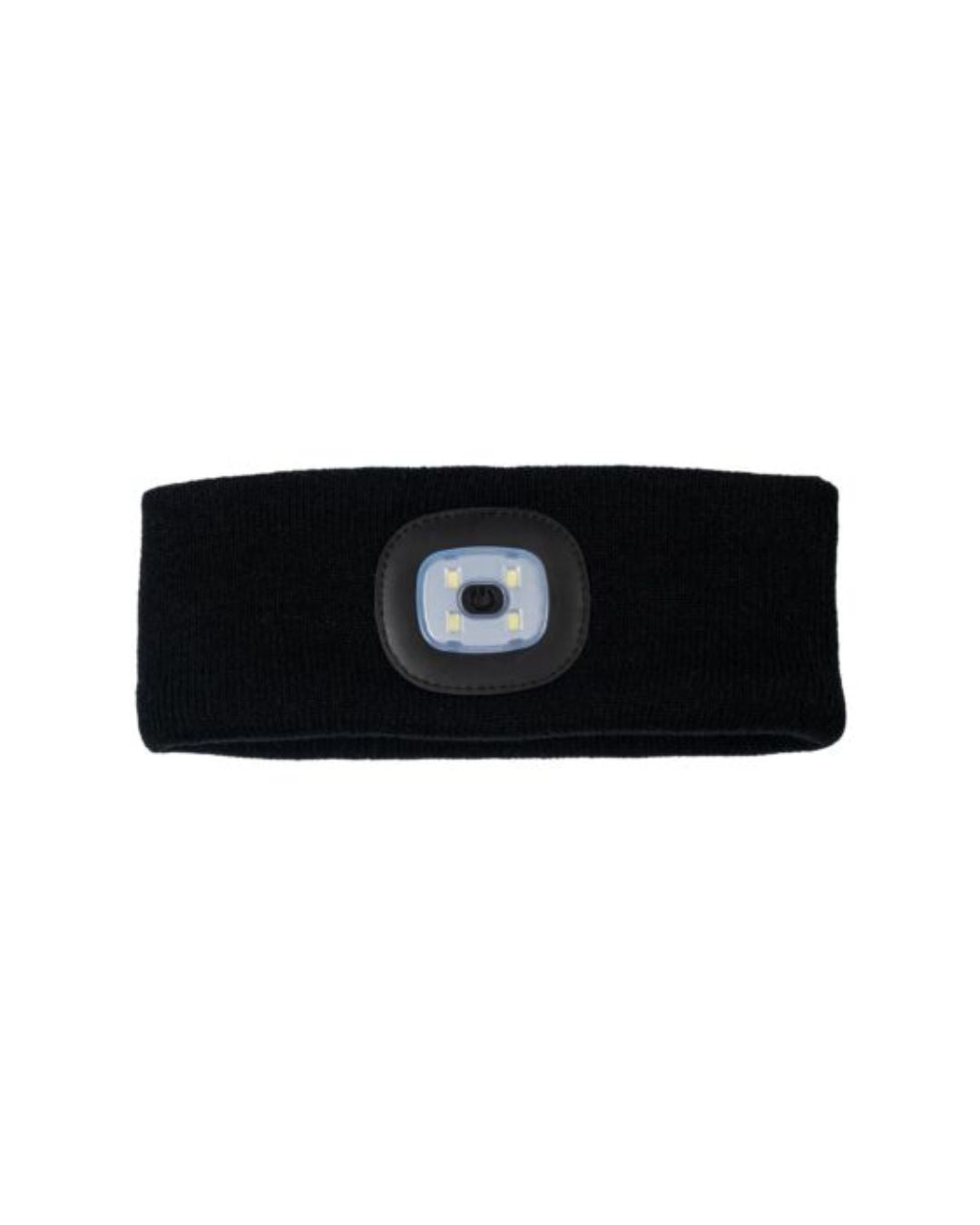 HKM Black headband with a built-in LED light on a white background